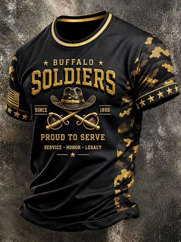 Men's Camo Buffalo Soldiers Cowboy Hat Sword Art Print T-Shirt