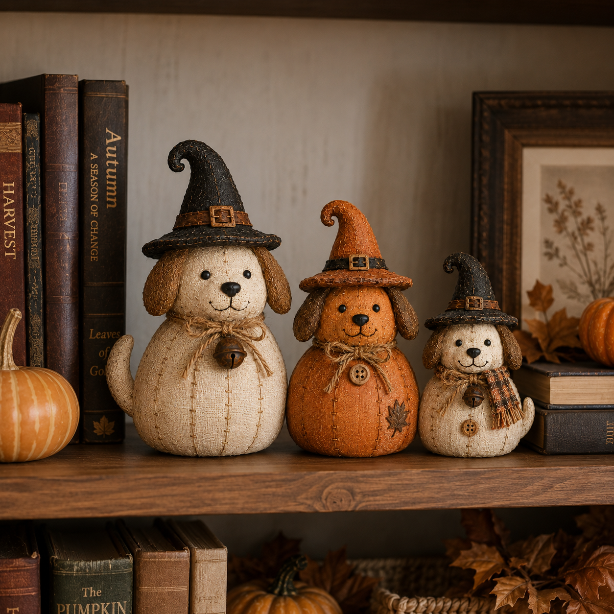 🧙‍♀️ Vintage Witch Cat & Dog Halloween Decor Set – Cute Magical Holiday Figurines