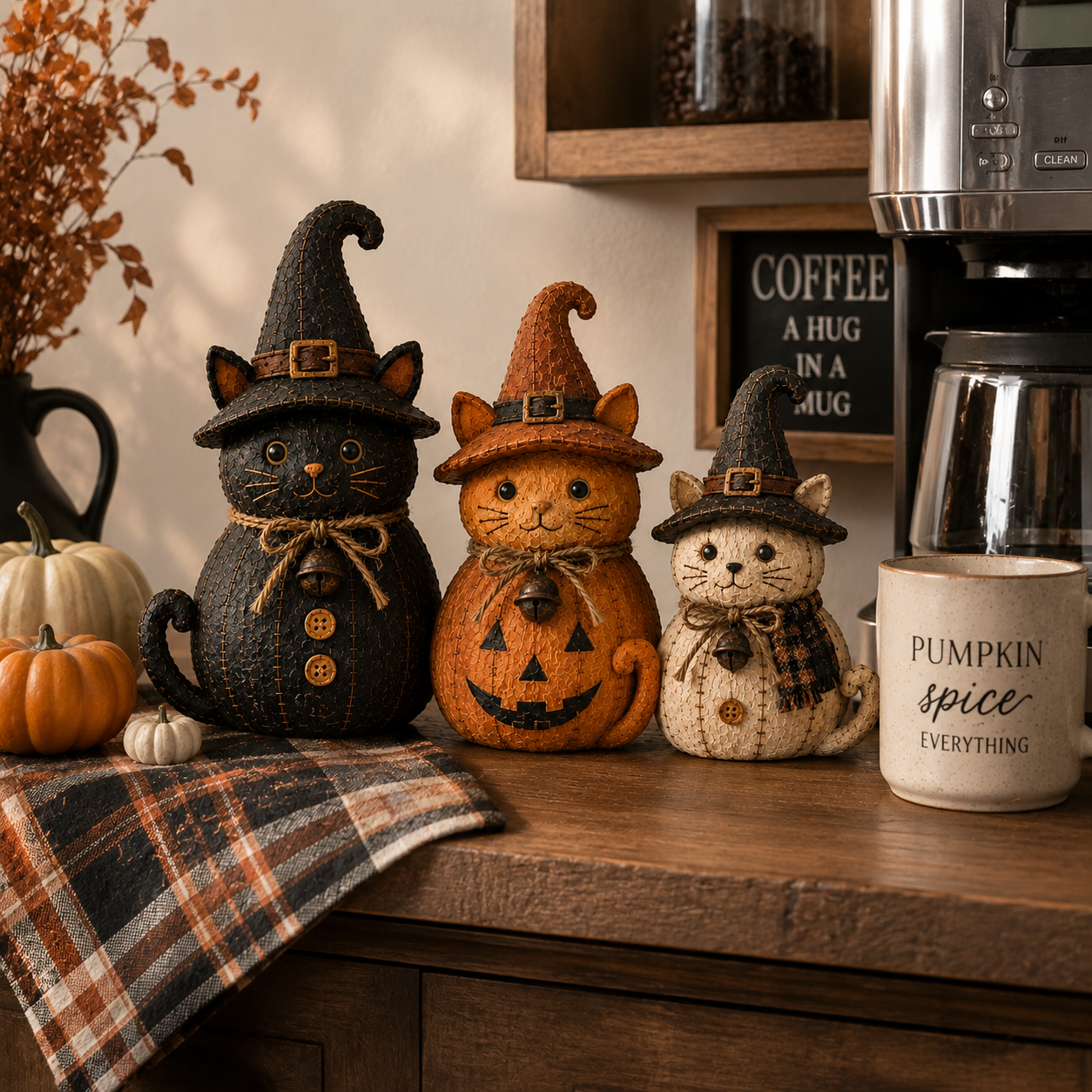 🧙‍♀️ Vintage Witch Cat & Dog Halloween Decor Set – Cute Magical Holiday Figurines