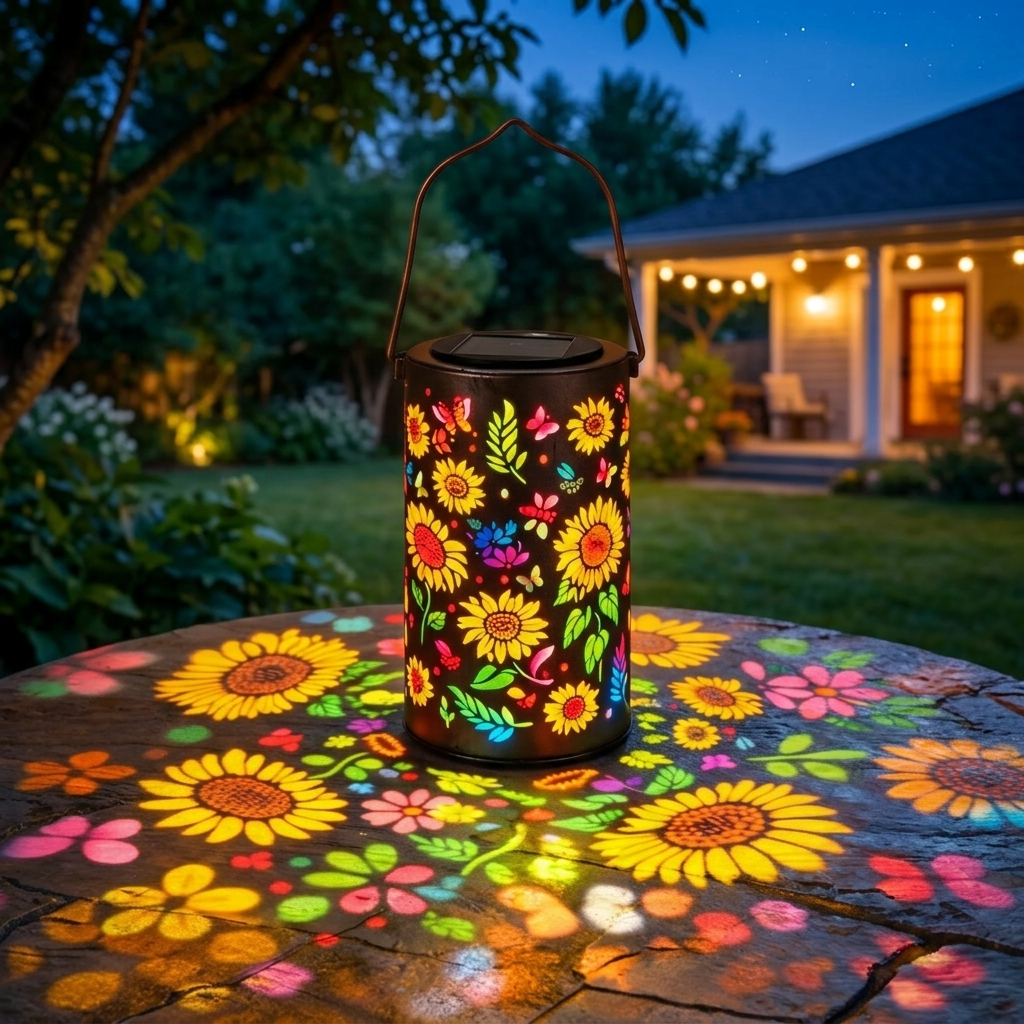 Bloomara solar sunflower lantern casting colorful floral patterns in a garden