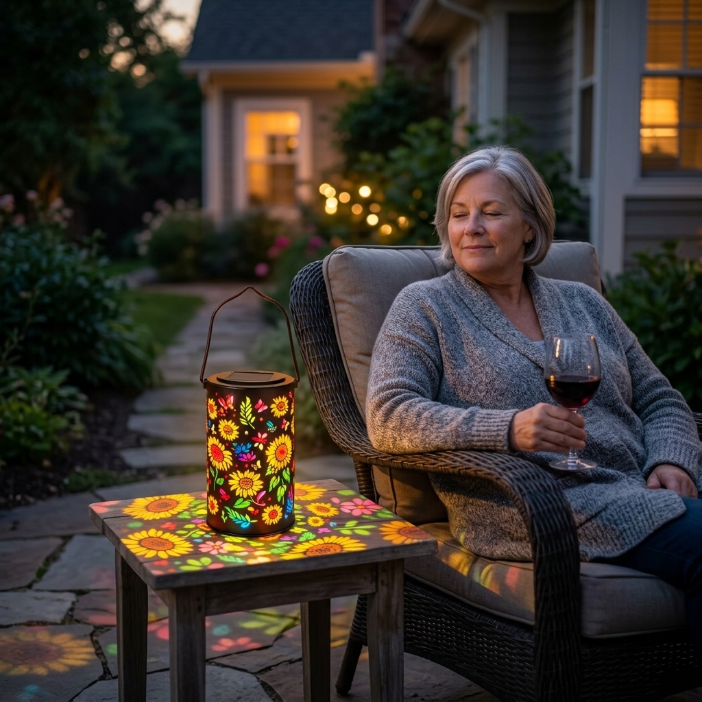 Bloomara lantern beside a chair on a quiet porch