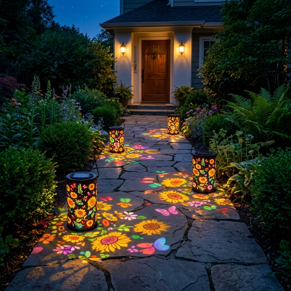 Multiple Bloomara lanterns lighting a garden pathway