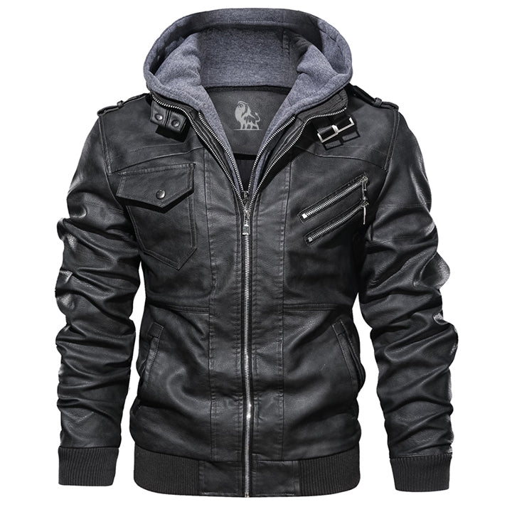 Black hooded leather-look jacket front product photo