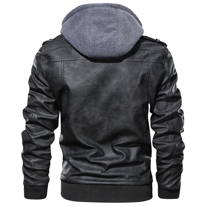 Back view of the black jacket with gray hood