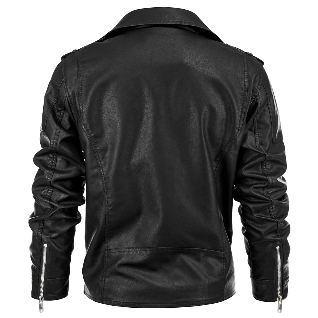 Men’s Black Faux Leather Motorcycle Biker Jacket with Asymmetric Zip & Buckle Detail