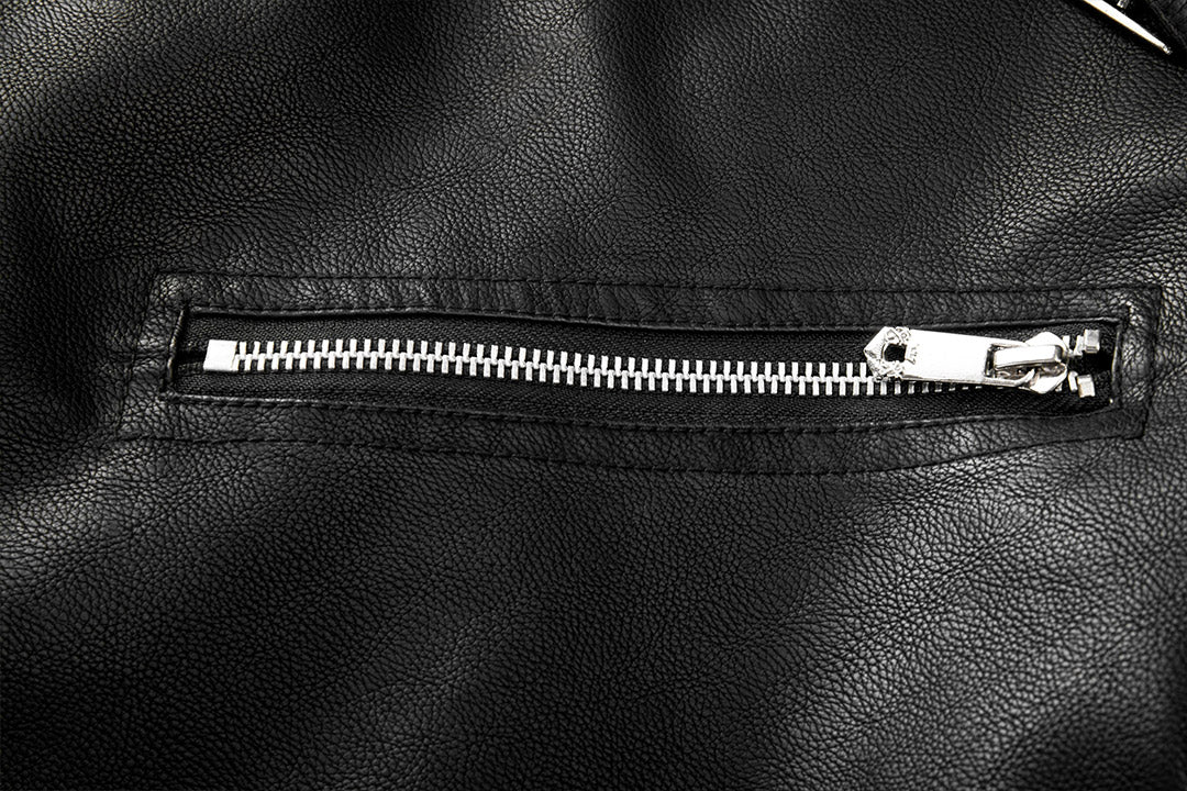 Men’s Black Faux Leather Motorcycle Biker Jacket with Asymmetric Zip & Buckle Detail