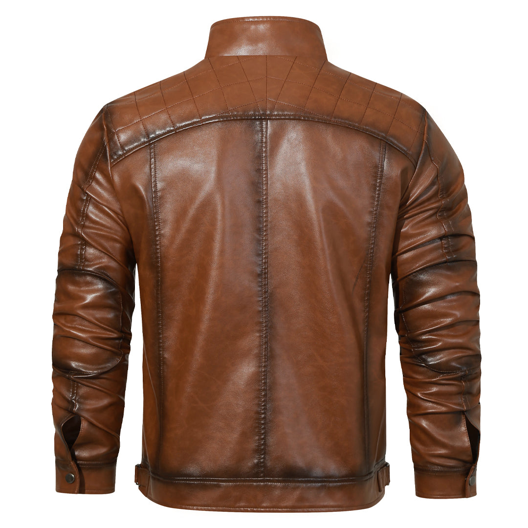 Original product photo showing the back of the brown stand-collar jacket