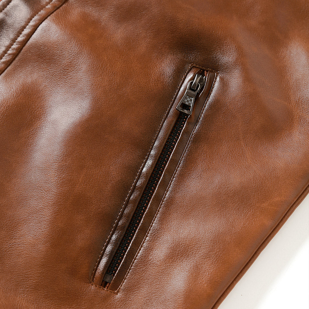 Original close-up photo of brown jacket vertical lower zip pocket