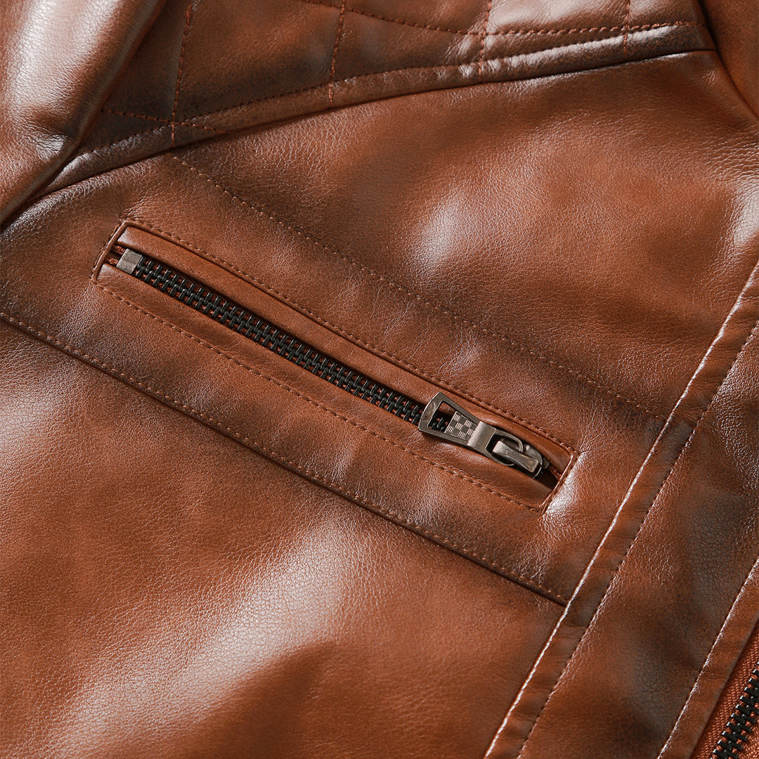 Original close-up photo of brown jacket horizontal chest zipper and stitching