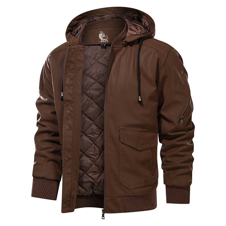 Men’s Vintage Hooded Motorcycle Jacket – Removable Hood Zip-Up Casual Coat