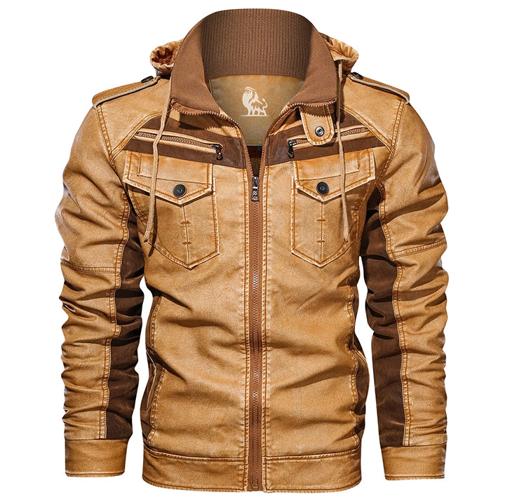 [Copy]Men’s Vintage Hooded Motorcycle Jacket – Removable Hood Zip-Up Casual Coat
