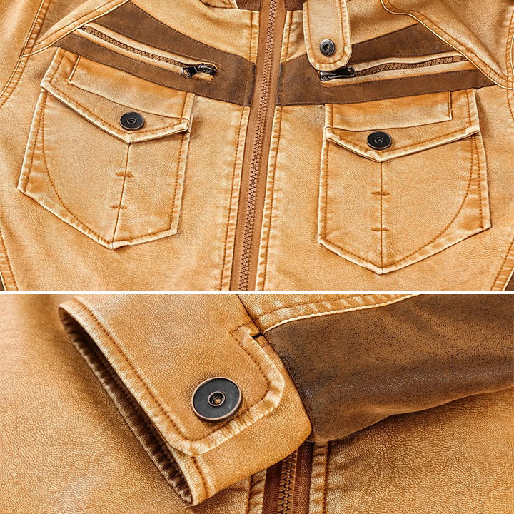 Original tan jacket detail photo showing layered chest pockets, dark contrast panels and button cuff