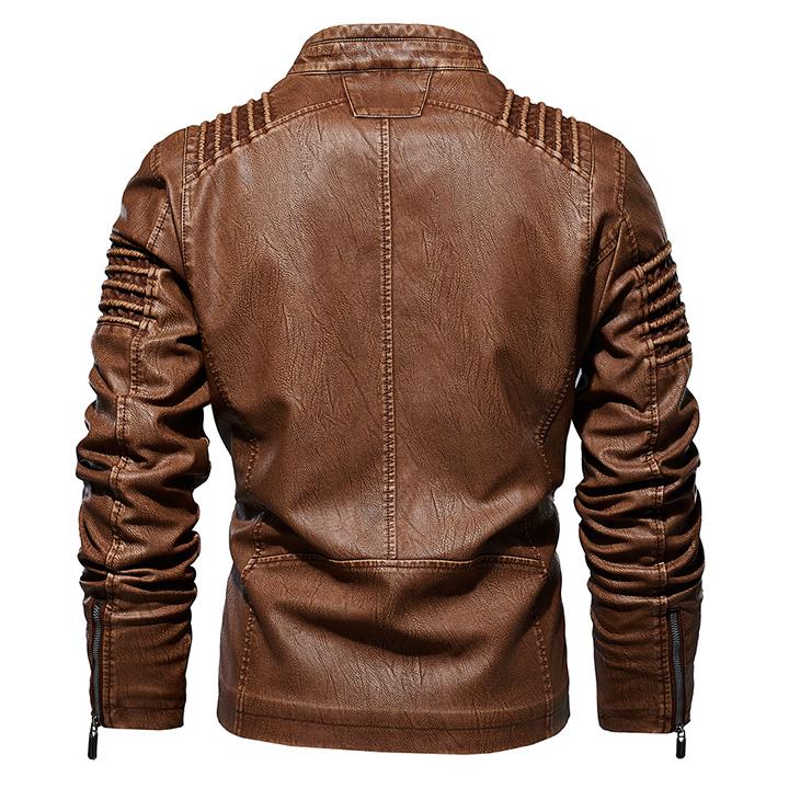Supplied back view of the brown stand collar jacket