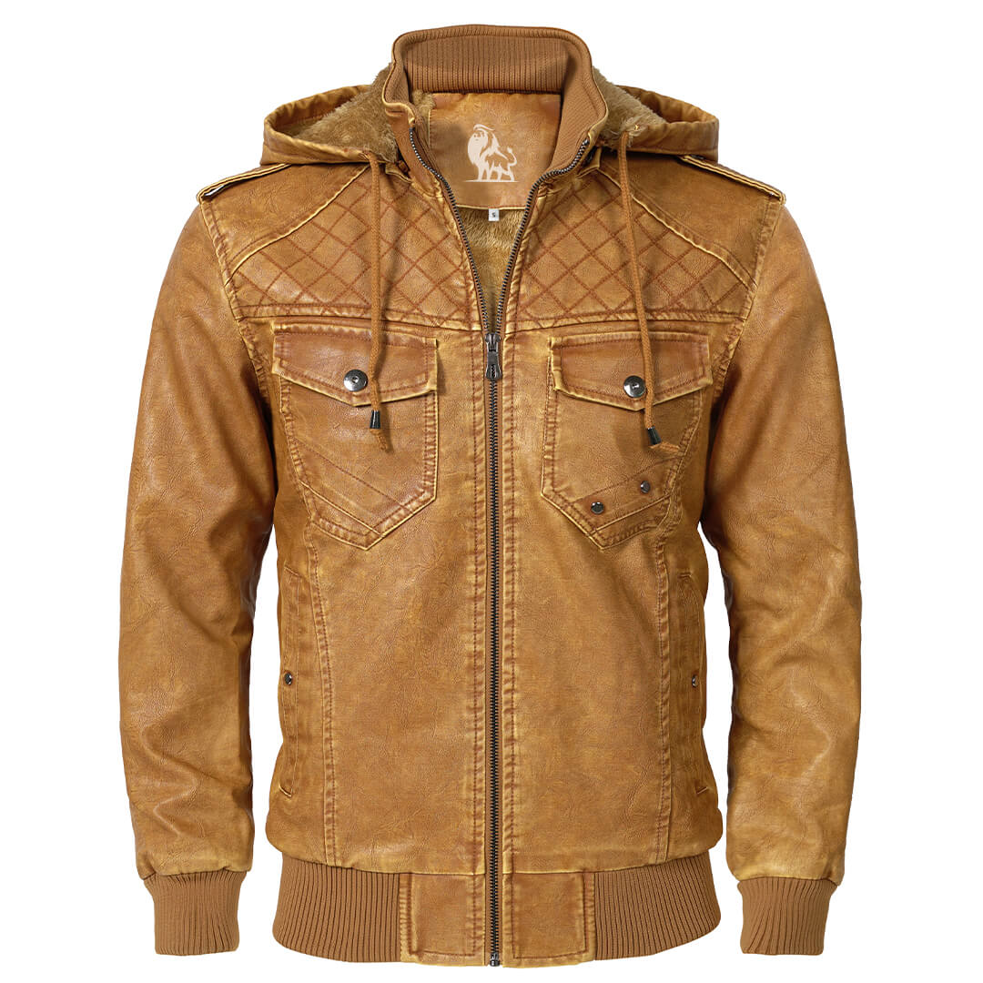 Men’s Fleece-Lined Hooded Faux Leather Jacket – Warm Winter Biker Coat