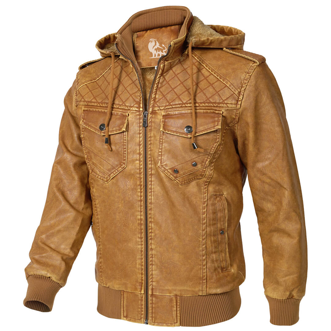 Men’s Fleece-Lined Hooded Faux Leather Jacket – Warm Winter Biker Coat