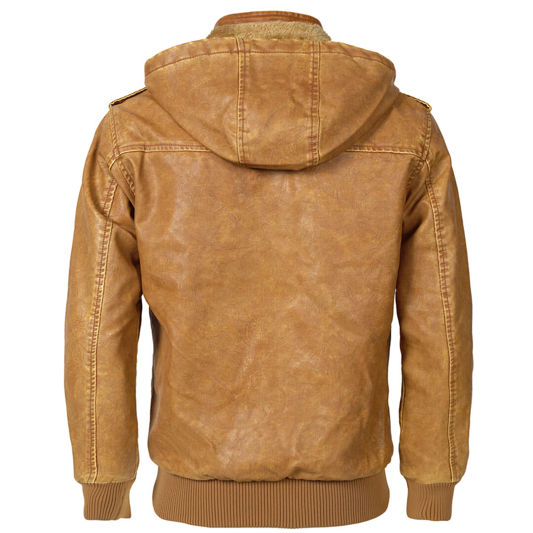 Supplied back view of tan hooded jacket
