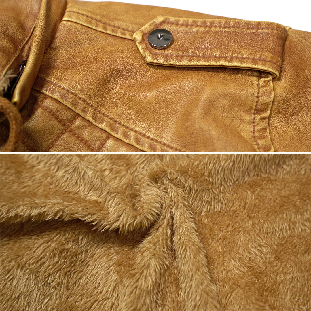 Supplied close-up of tan jacket shoulder tab, outer texture and plush-looking hood detail
