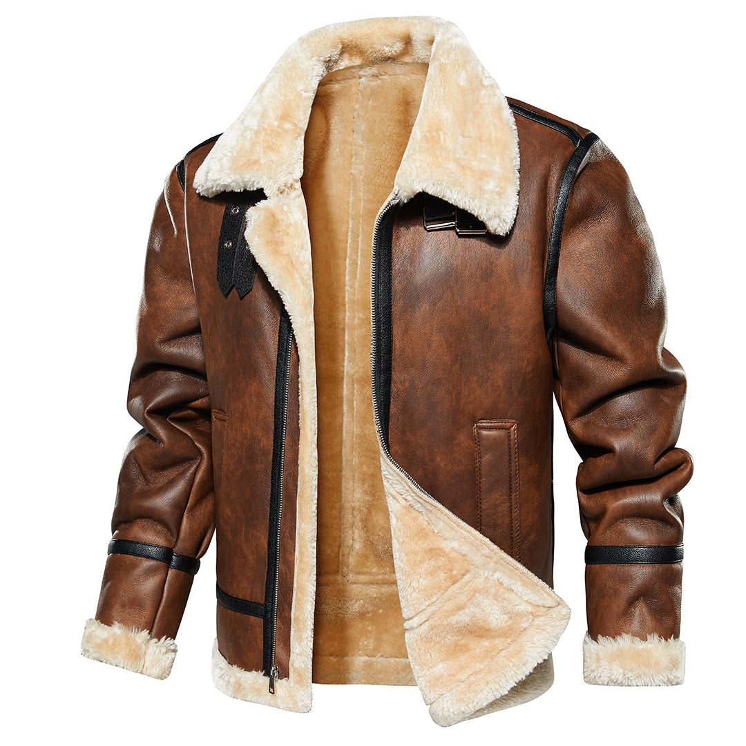 Men’s Faux Leather Aviator Jacket – Warm Sherpa-Lined Winter Coat