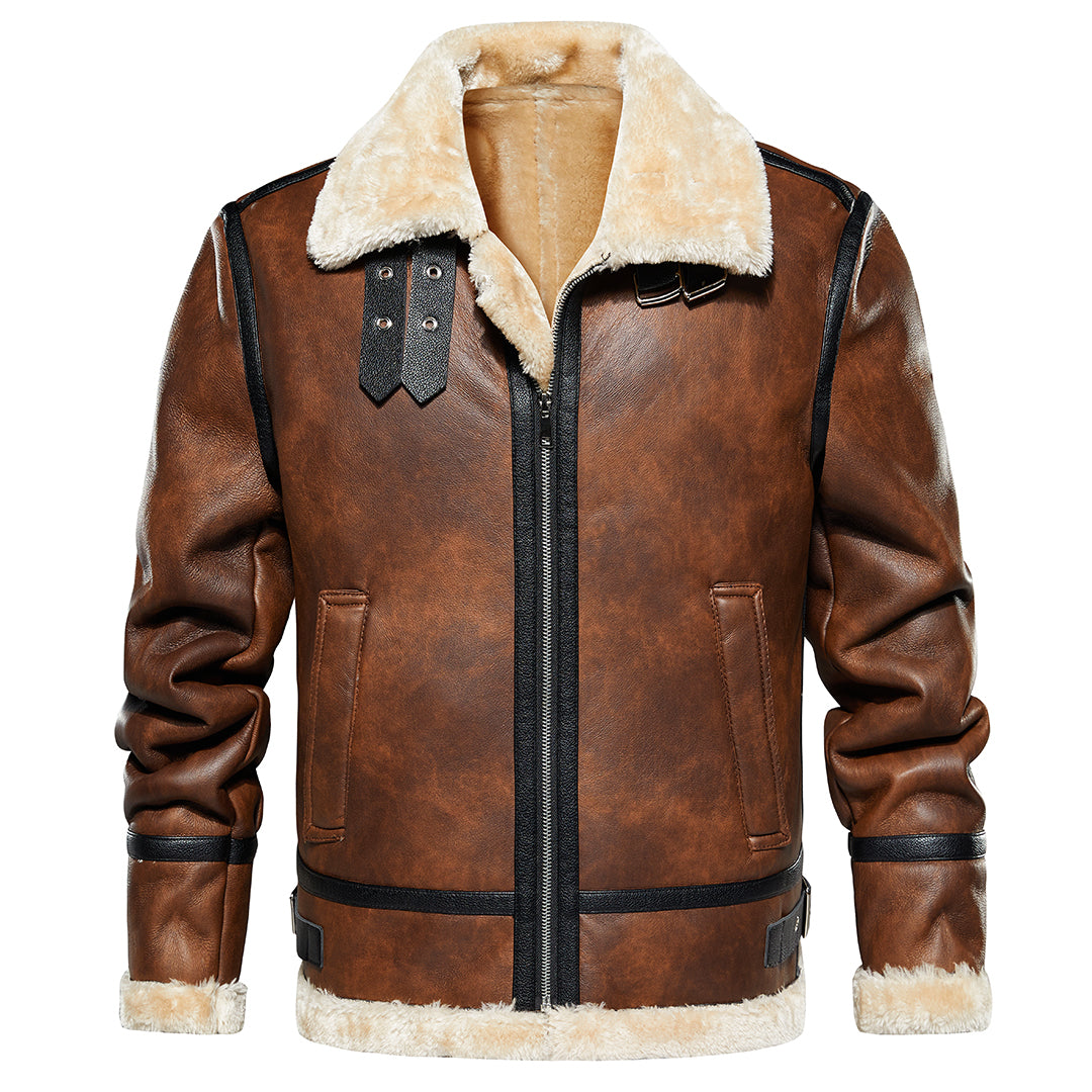 Men’s Faux Leather Aviator Jacket – Warm Sherpa-Lined Winter Coat