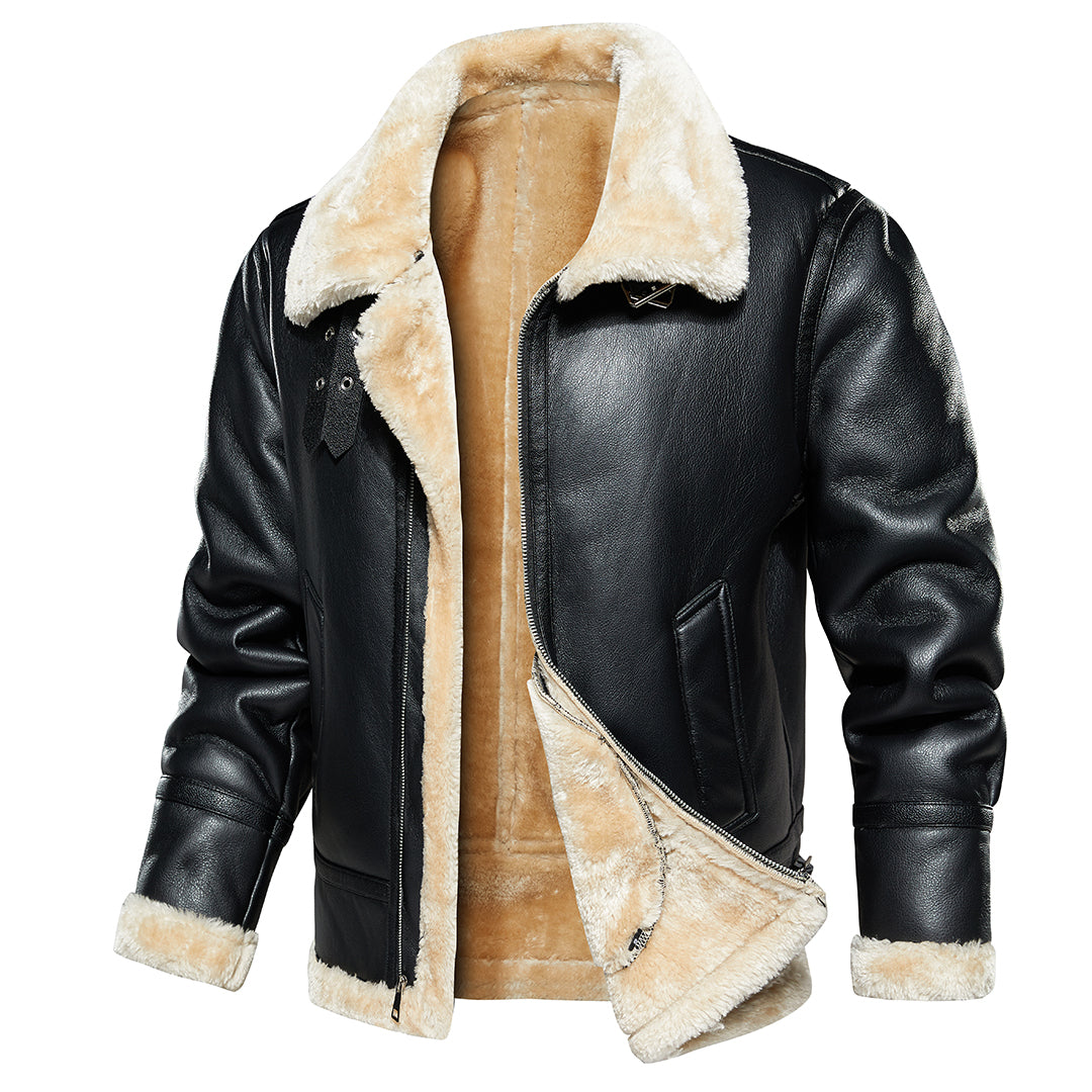 Actual black jacket partially opened to show interior