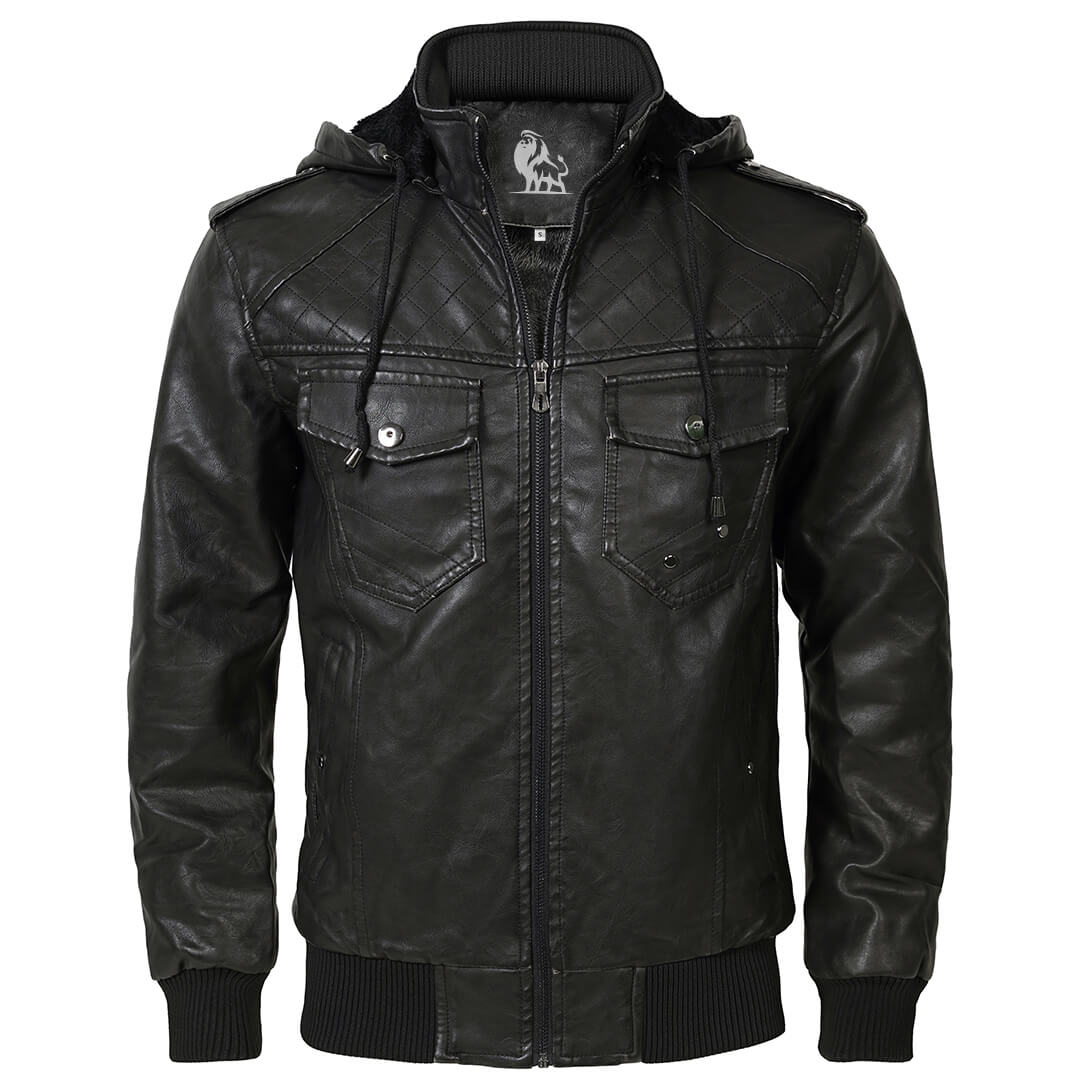 Supplied front view of black hooded jacket with quilted upper chest and two flap pockets