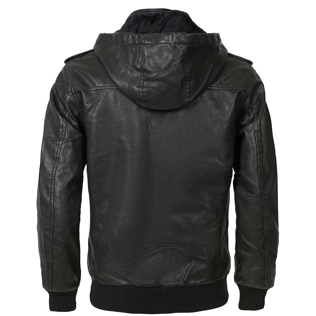 Supplied back view of black hooded jacket