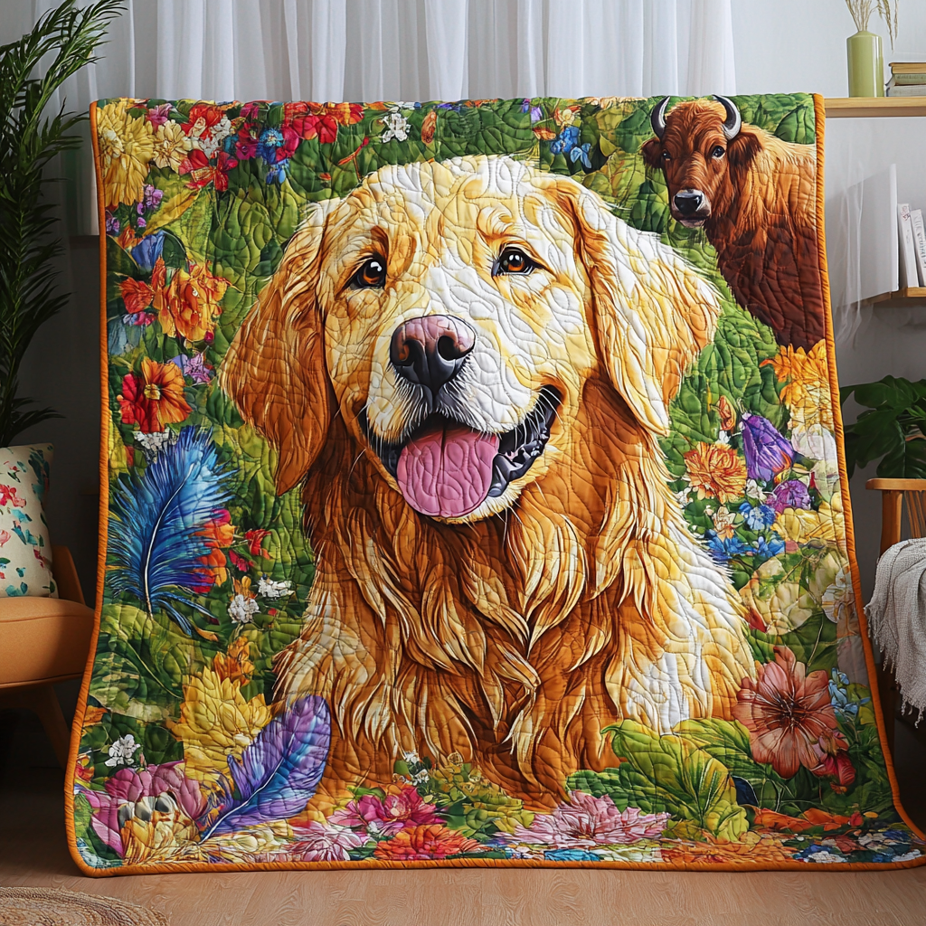 Floral Golden Retriever Quilted Blanket FGNL003