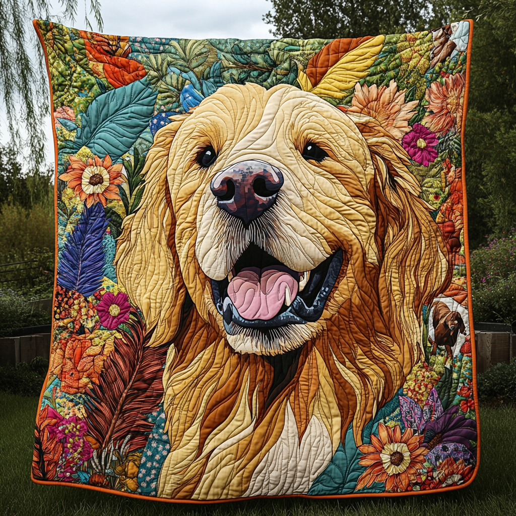 Floral Golden Retriever Quilted Blanket FGNL005