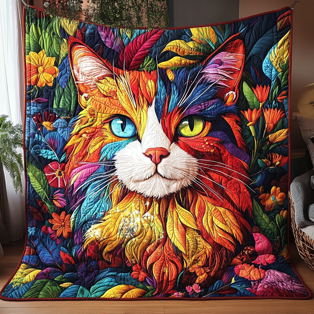 Floral Vibrant Cat Quilted Blanket FCNL010
