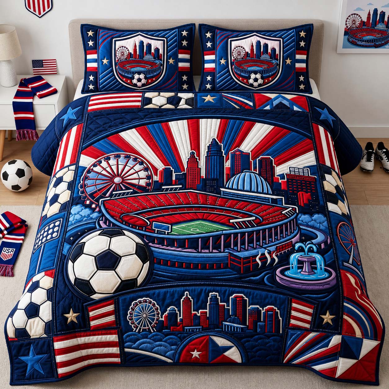 Stadium Soccer Skyline 3-Piece Quilted Bedding Set GDTONTD1036