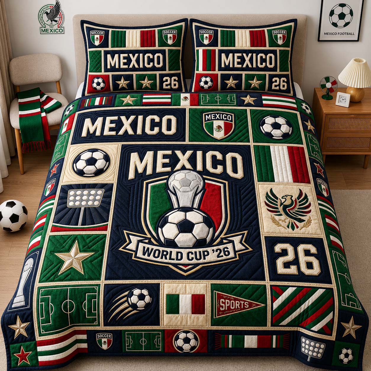 Mexico Soccer Crest 3-Piece Quilted Bedding Set GDTONTD1039