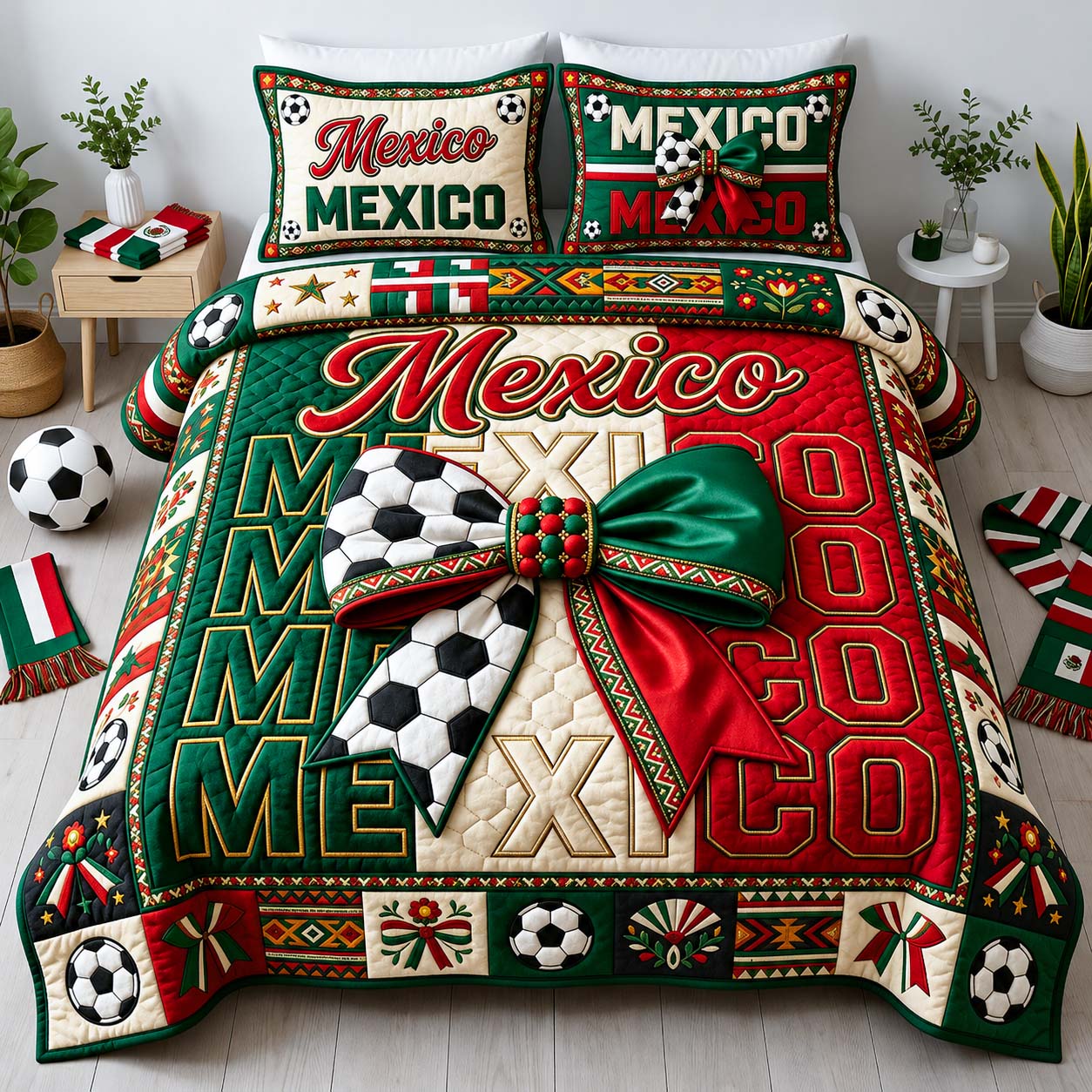 Fiesta Soccer Bow 3-Piece Quilted Bedding Set GDTONTD1042