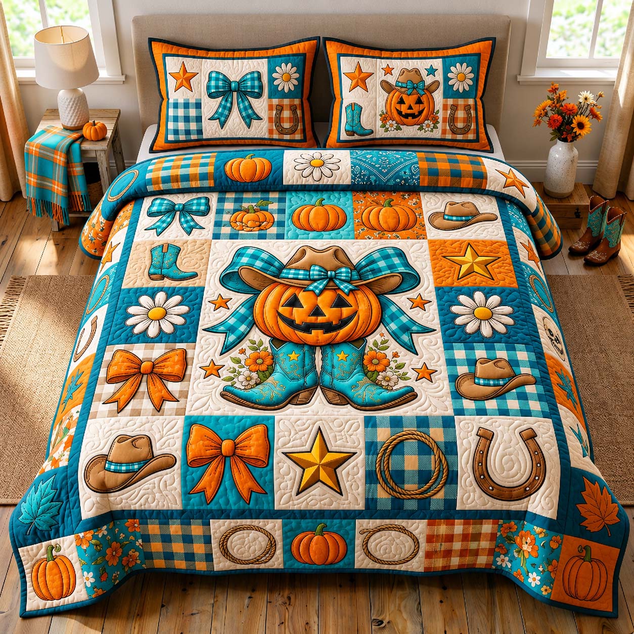 Cowgirl Pumpkin Charm 3-Piece Quilted Bedding Set GDTONTD1045