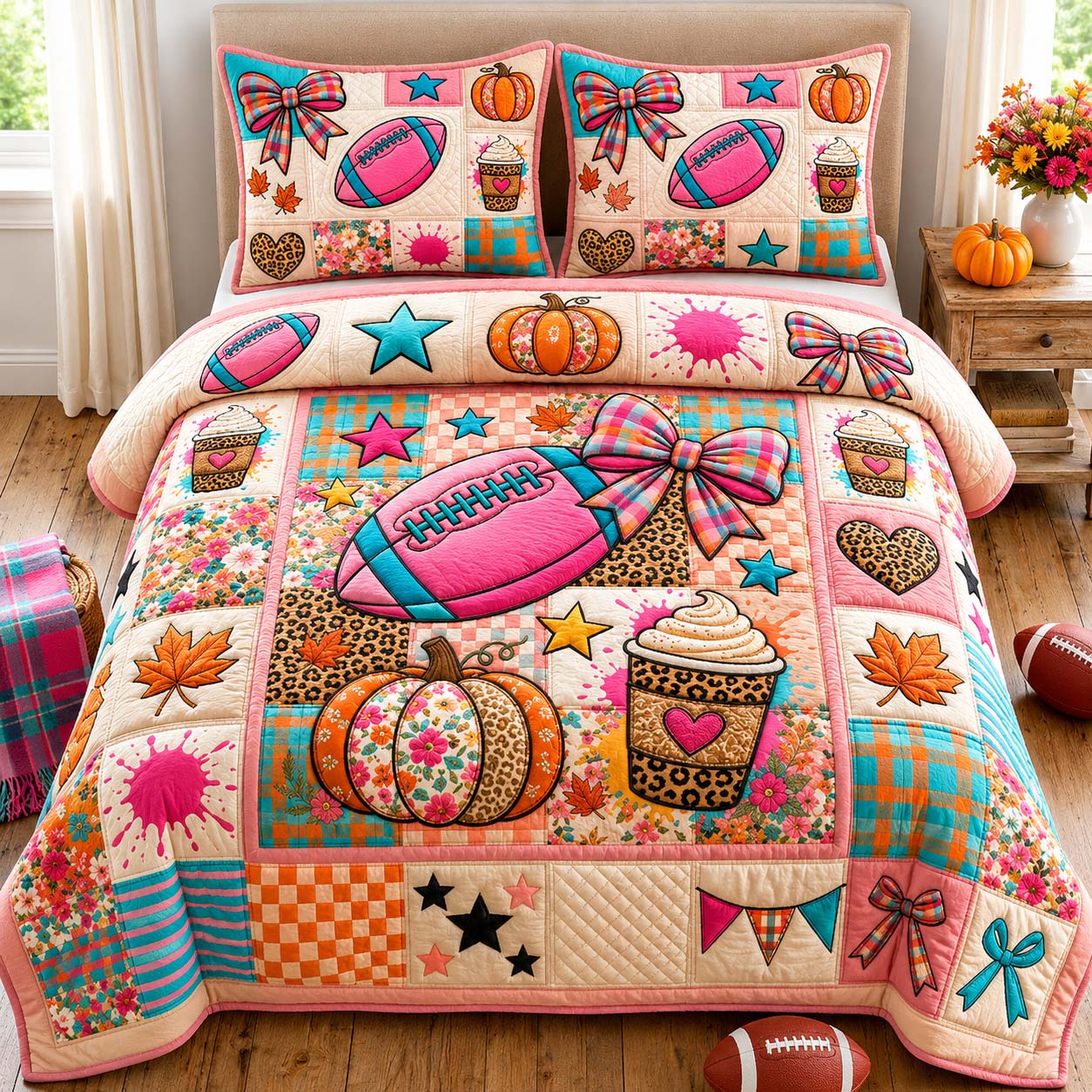 Pink Football Fall 3-Piece Quilted Bedding Set GDTONTD1046
