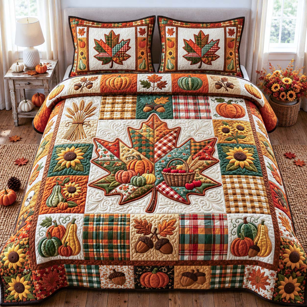 Plaid Harvest Leaf 3-Piece Quilted Bedding Set GDTONTD1049