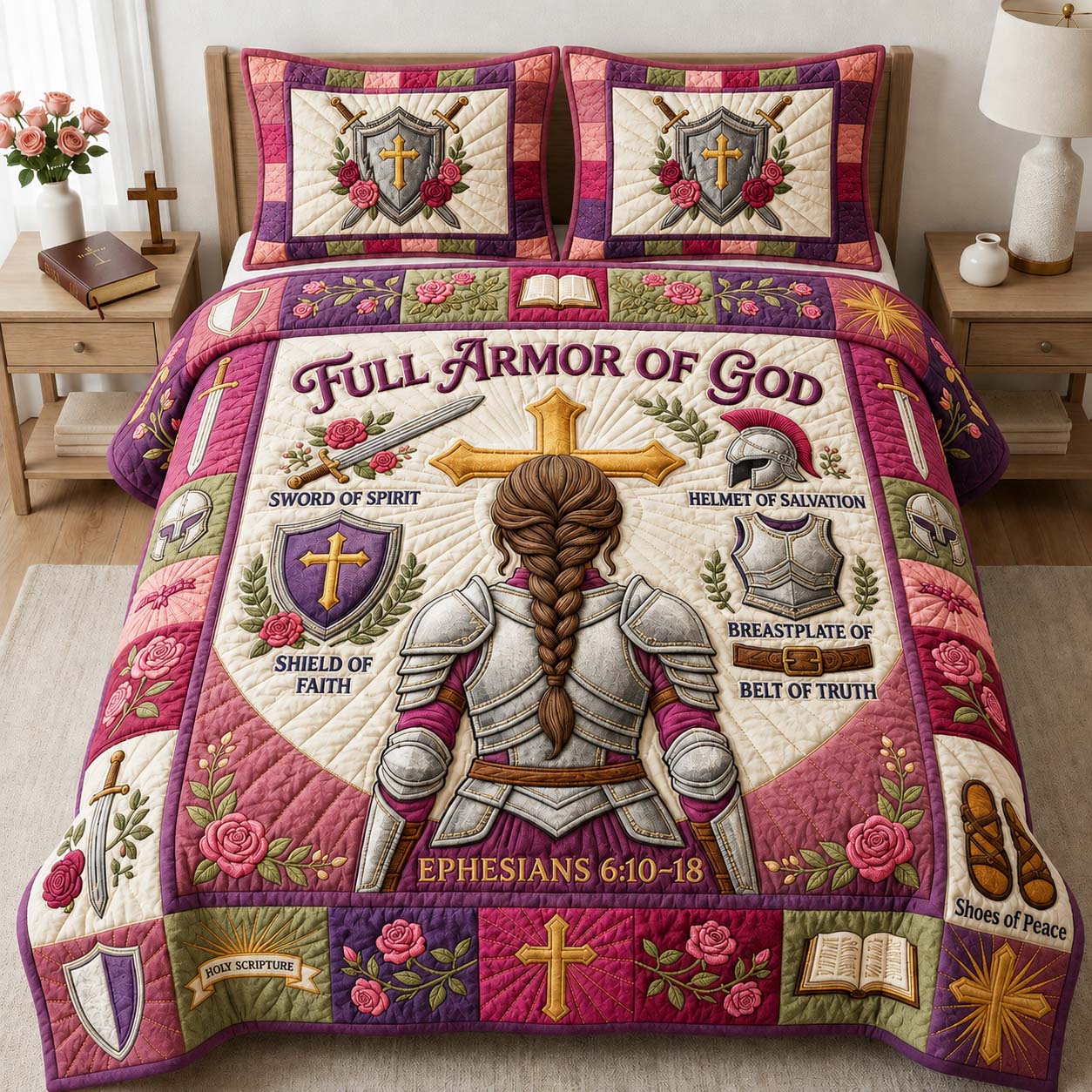 Rose Shield Knight 3-Piece Quilted Bedding Set GDTONTD1073