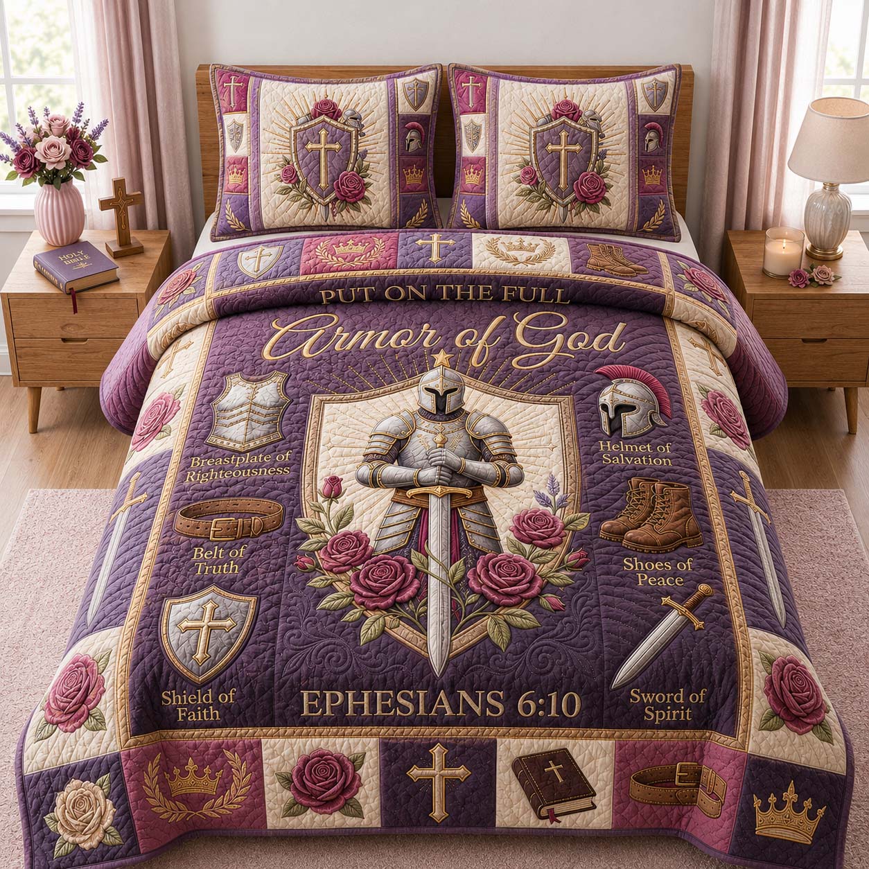 Lavender Faith Knight 3-Piece Quilted Bedding Set GDTONTD1077