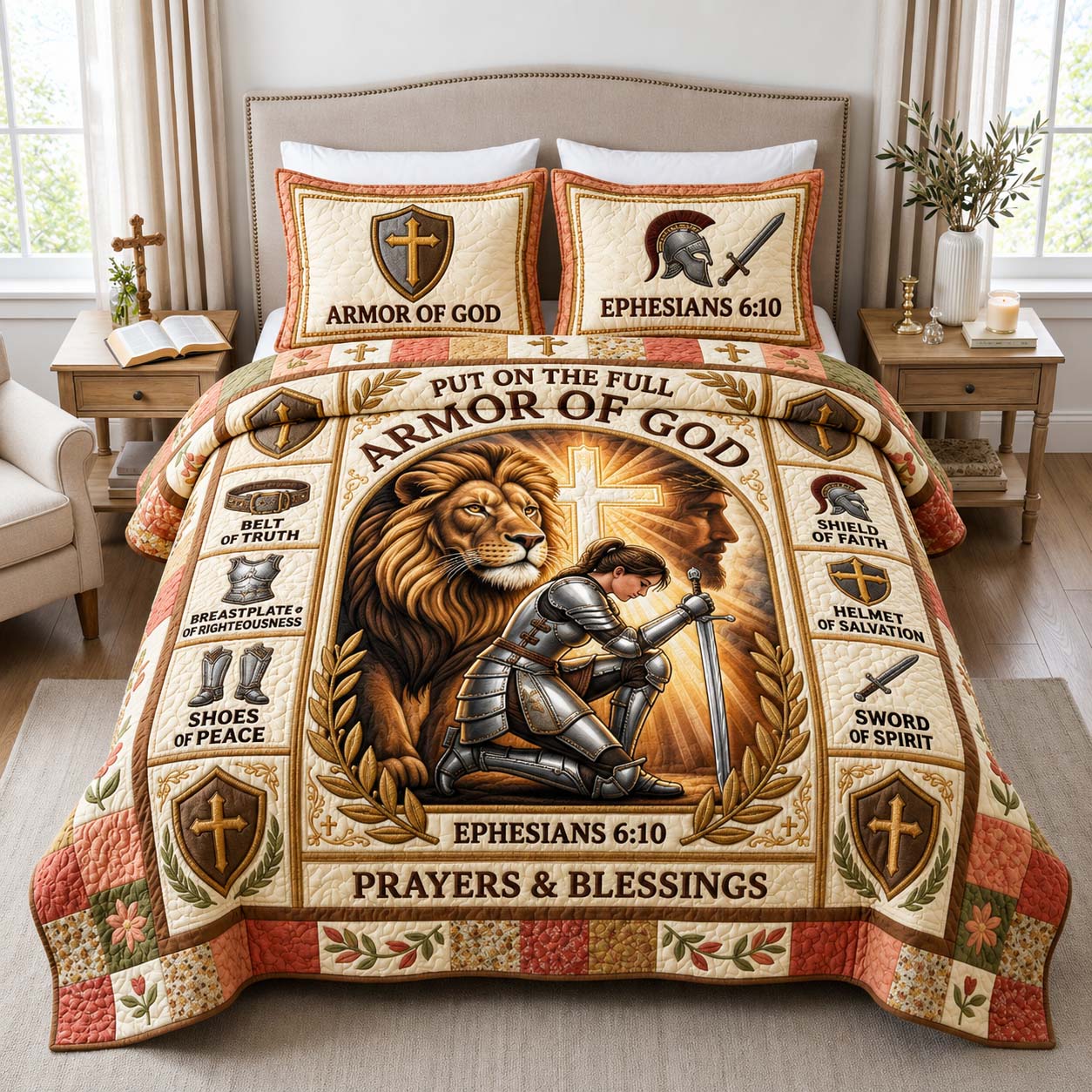 Lion Prayer Warrior 3-Piece Quilted Bedding Set GDTONTD1098