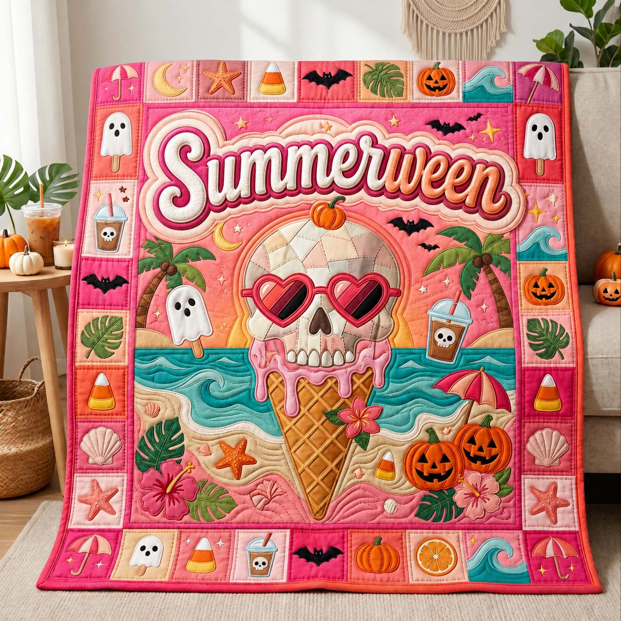 Pink Skull Summerween Quilted Blanket GDTONTD1134