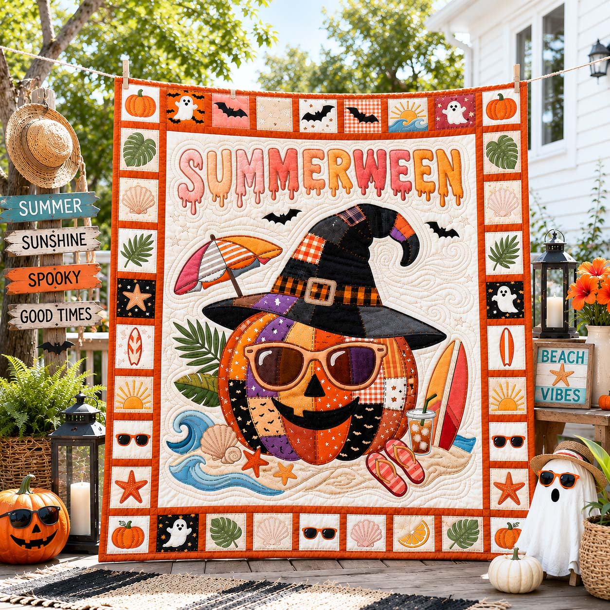 Beach Witch Pumpkin Quilted Blanket GDTONTD1136