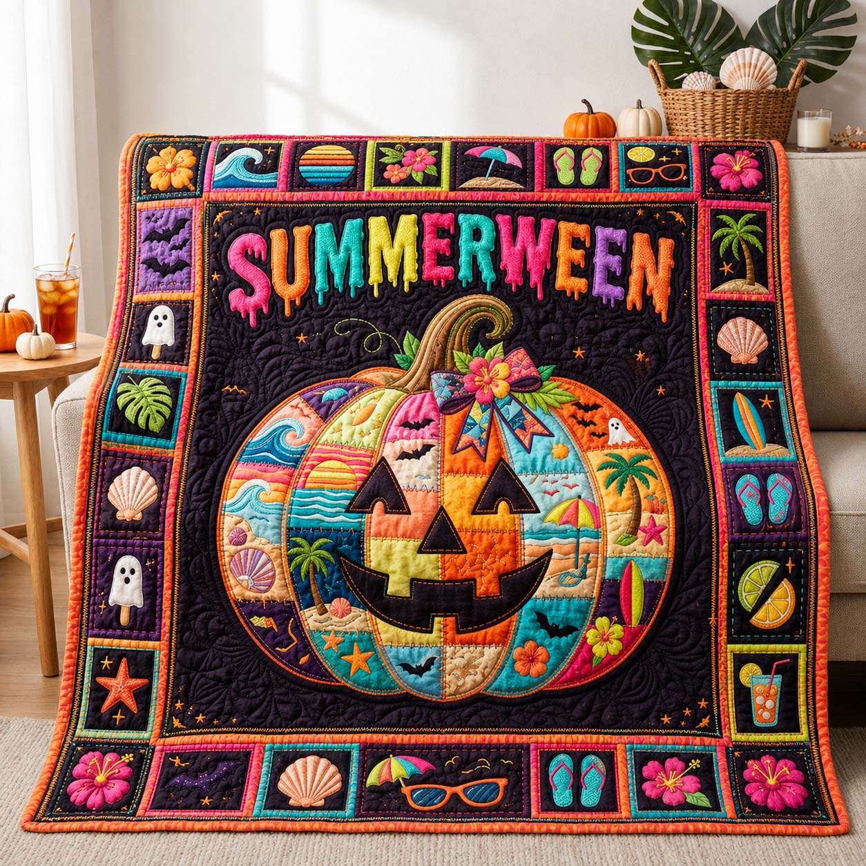 Neon Pumpkin Summerween Quilted Blanket GDTONTD1139