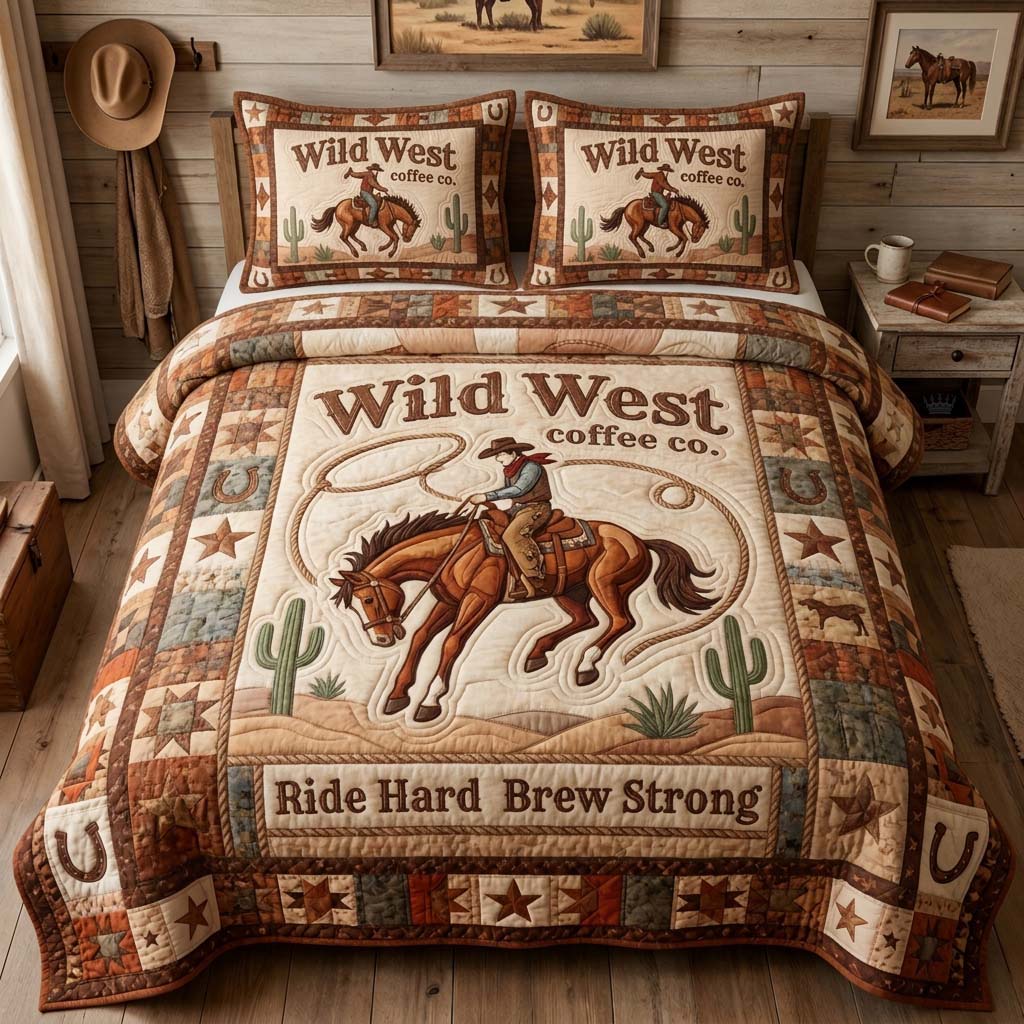 Wild West Coffee 3-Piece Quilted Bedding Set GDTONTD1217
