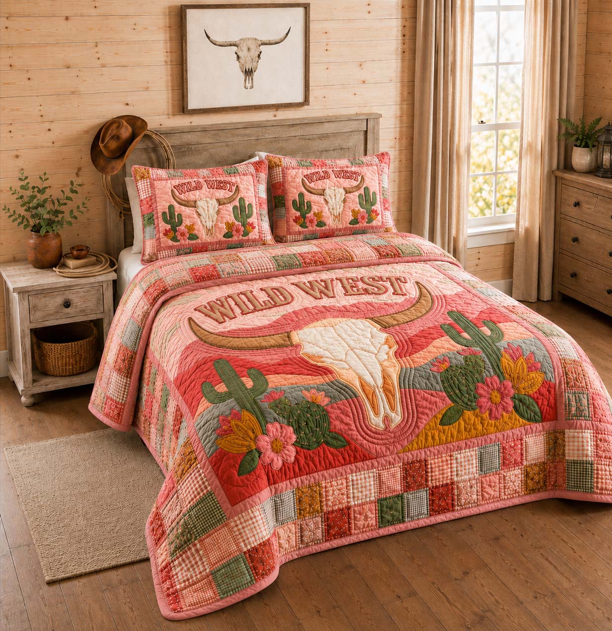 Pink Desert Skull 3-Piece Quilted Bedding Set GDTONTD1219