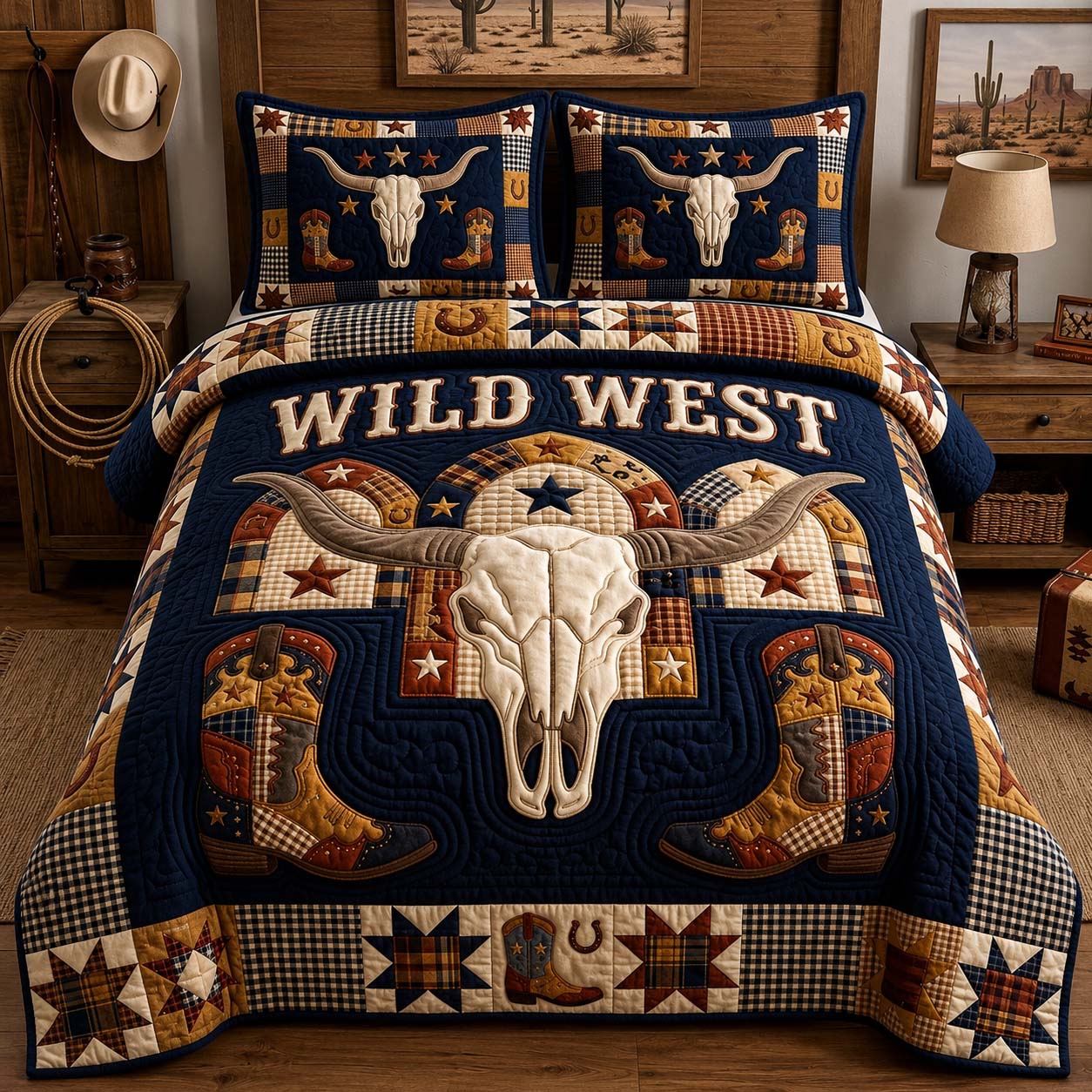 Navy Wild West 3-Piece Quilted Bedding Set GDTONTD1220