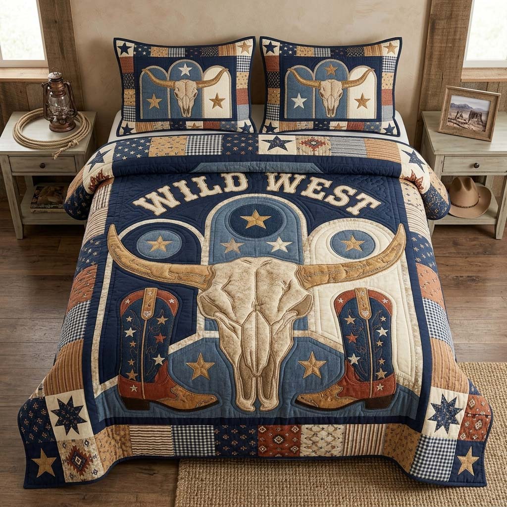 Blue Western Skull 3-Piece Quilted Bedding Set GDTONTD1221
