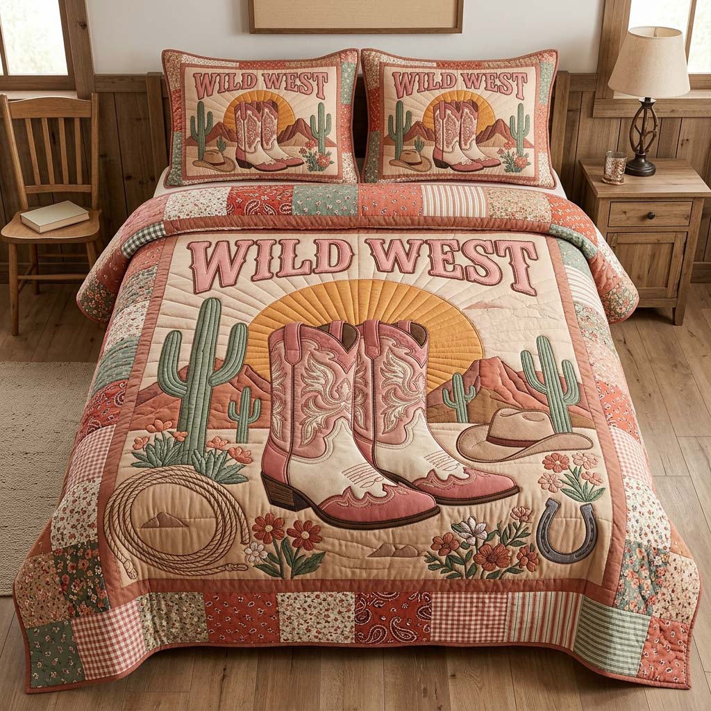 Pink Cowgirl Boots 3-Piece Quilted Bedding Set GDTONTD1222