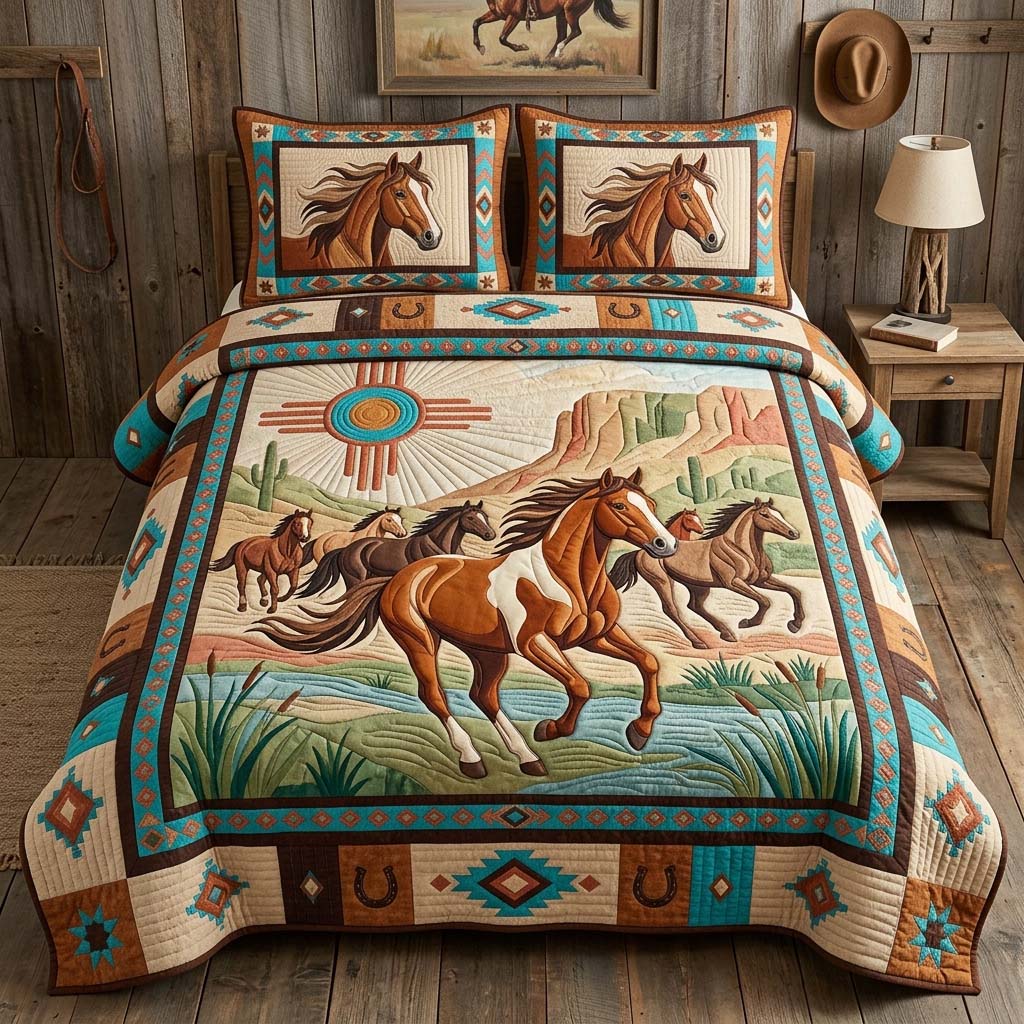 Desert Horse Run 3-Piece Quilted Bedding Set GDTONTD1224