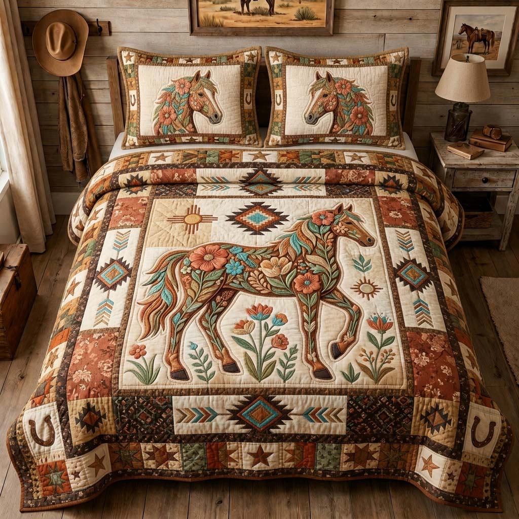 Floral Ranch Horse 3-Piece Quilted Bedding Set GDTONTD1225
