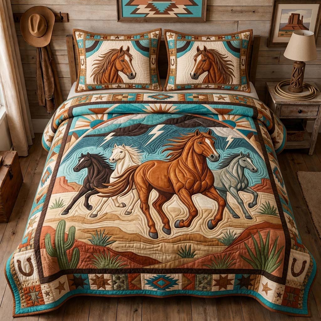 Storm Rider Horses 3-Piece Quilted Bedding Set GDTONTD1227