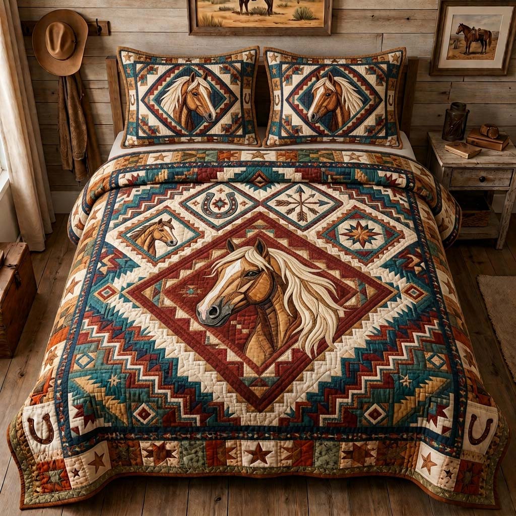 Spirit Horse Mosaic 3-Piece Quilted Bedding Set GDTONTD1231
